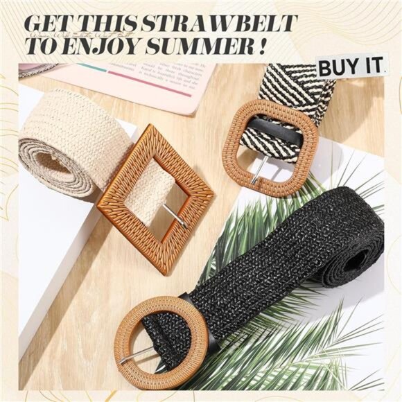 3 Pieces Straw Woven Elastic Waist Belt for Women Bohemian Dress Braided main image 5